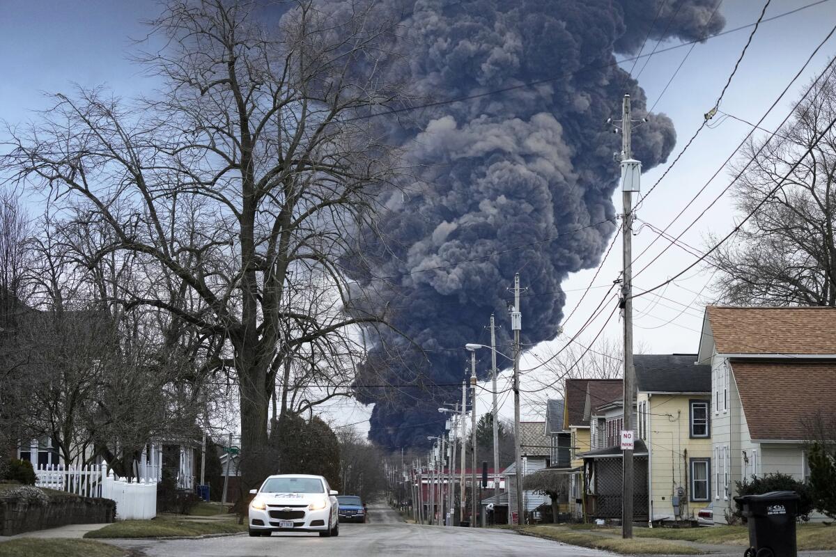 A black plume rises over East Palestine, Ohio, in the background of a neighborhood scene.