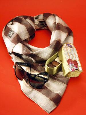 Obey scarf, $38, and Ray-Bans, $149, at Kicks Sole Provider; chocolates in a pretty box at Leonidas, $10.