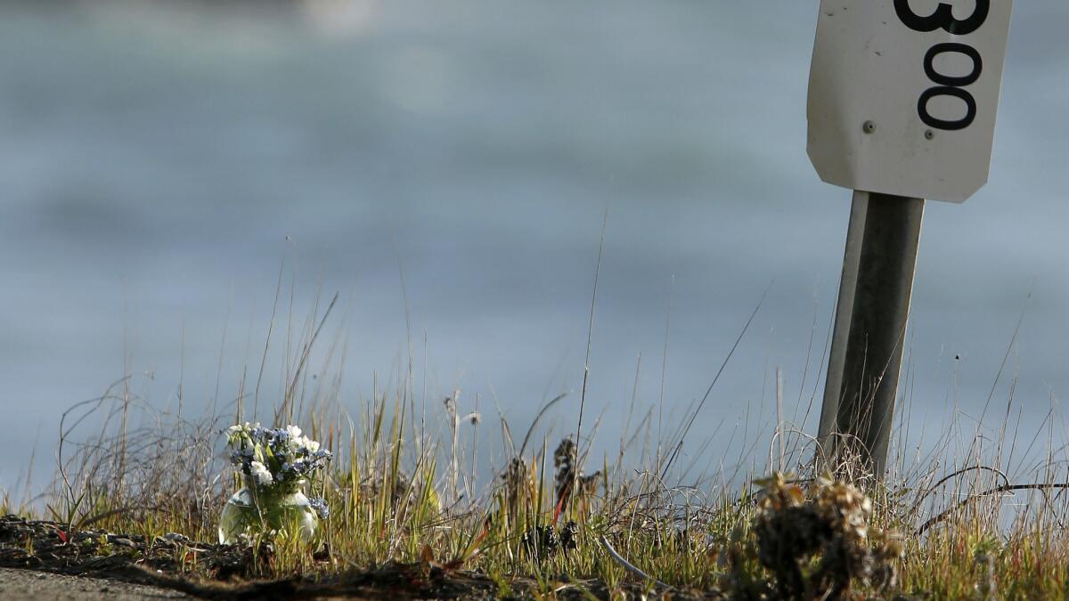 A small vase of flowers sits beside a mile marker on March 28, 2018, near the pullout where the SUV of Jennifer and Sarah Hart was recovered off Highway 1 near Westport, Calif.