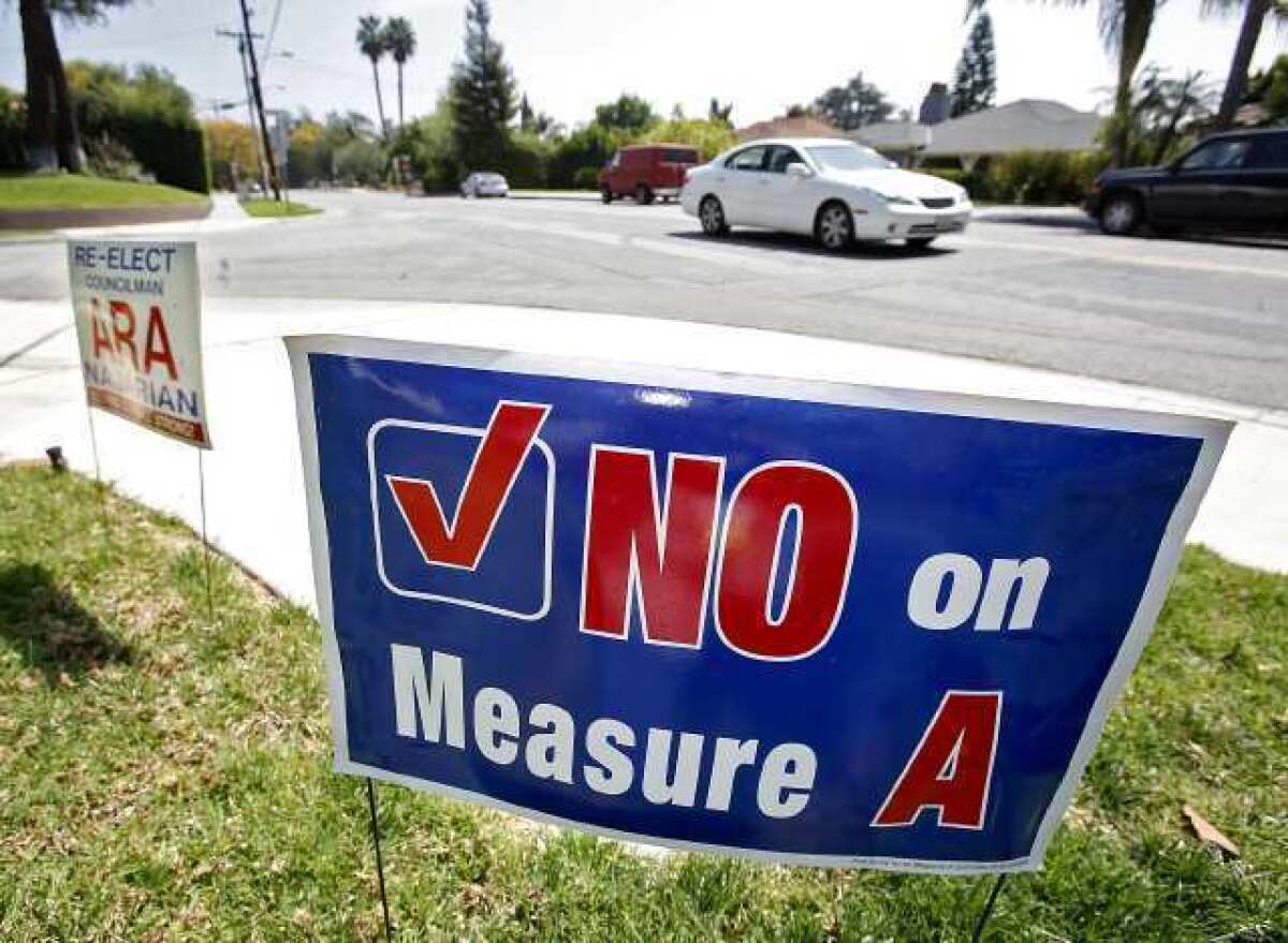 A No on Measure A sign on Kenneth Road in Glendale on Wednesday, March 27, 2013.