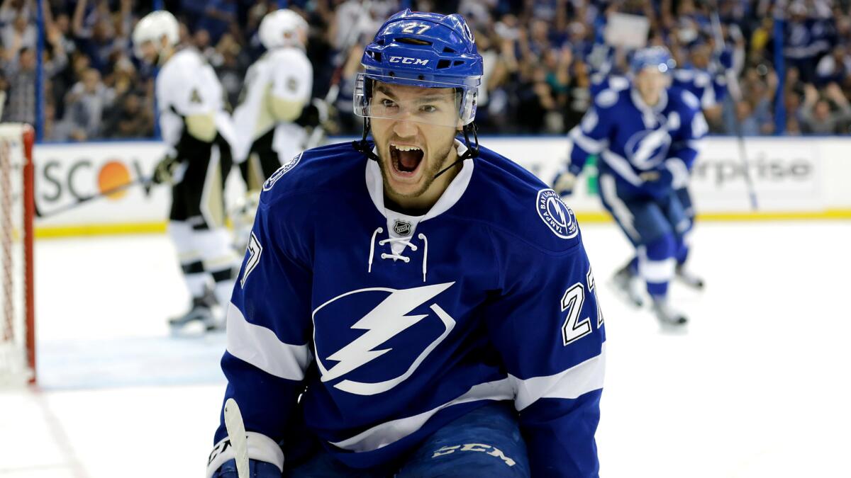 Lightning left wing Jonathan Drouin celebrates after scoring a goal against the Penguins during the second period of Game 4 on Friday night.