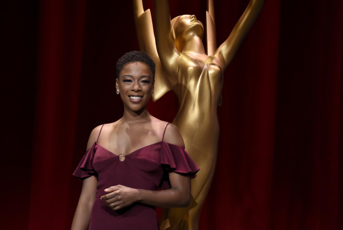 Emmy nominee Samira Wiley on stage following the 70th Primetime Emmy nominations announcements at the Television Academy's Saban Media Center in Los Angeles on July 12, 2018.