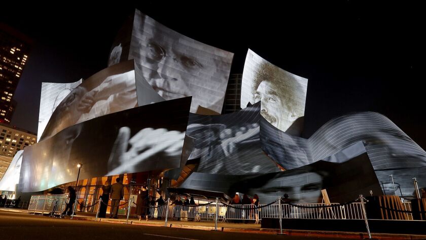 Projections on the exterior of the Walt Disney Concert Hall during the kickoff of the L.A. Phil's centennial on Sept. 28, 2018.