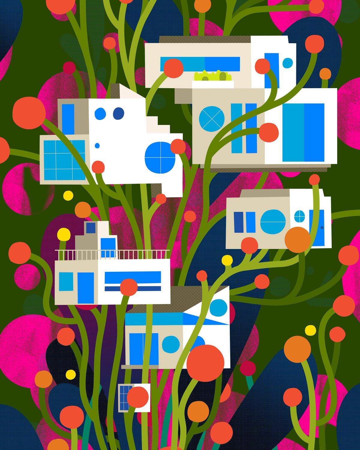 Illustration for a story on architectural innovations in fire rebuilding.