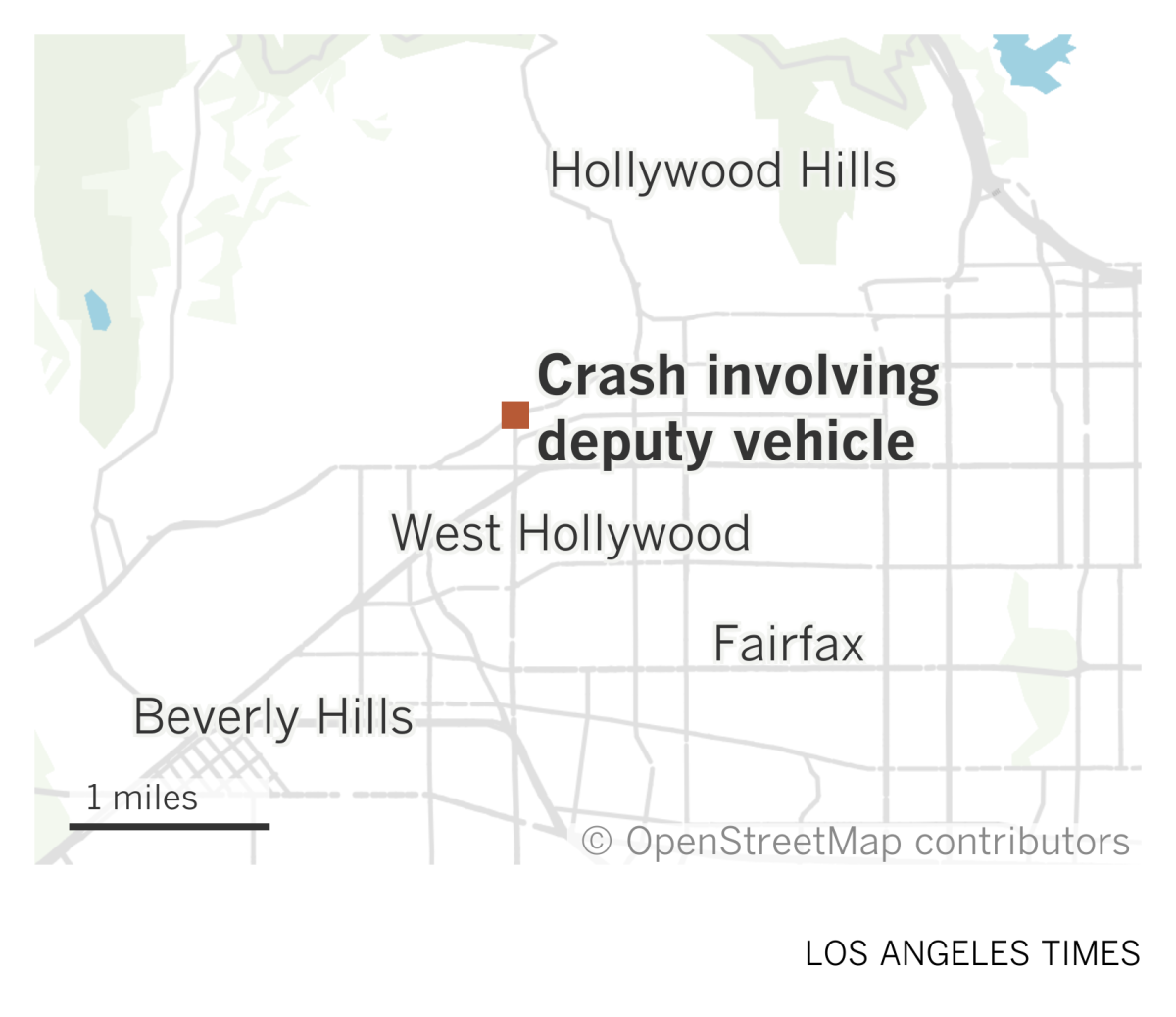 A map of the L.A. area shows the location of a crash involving a sheriff's deputy vehicle in West Hollywood
