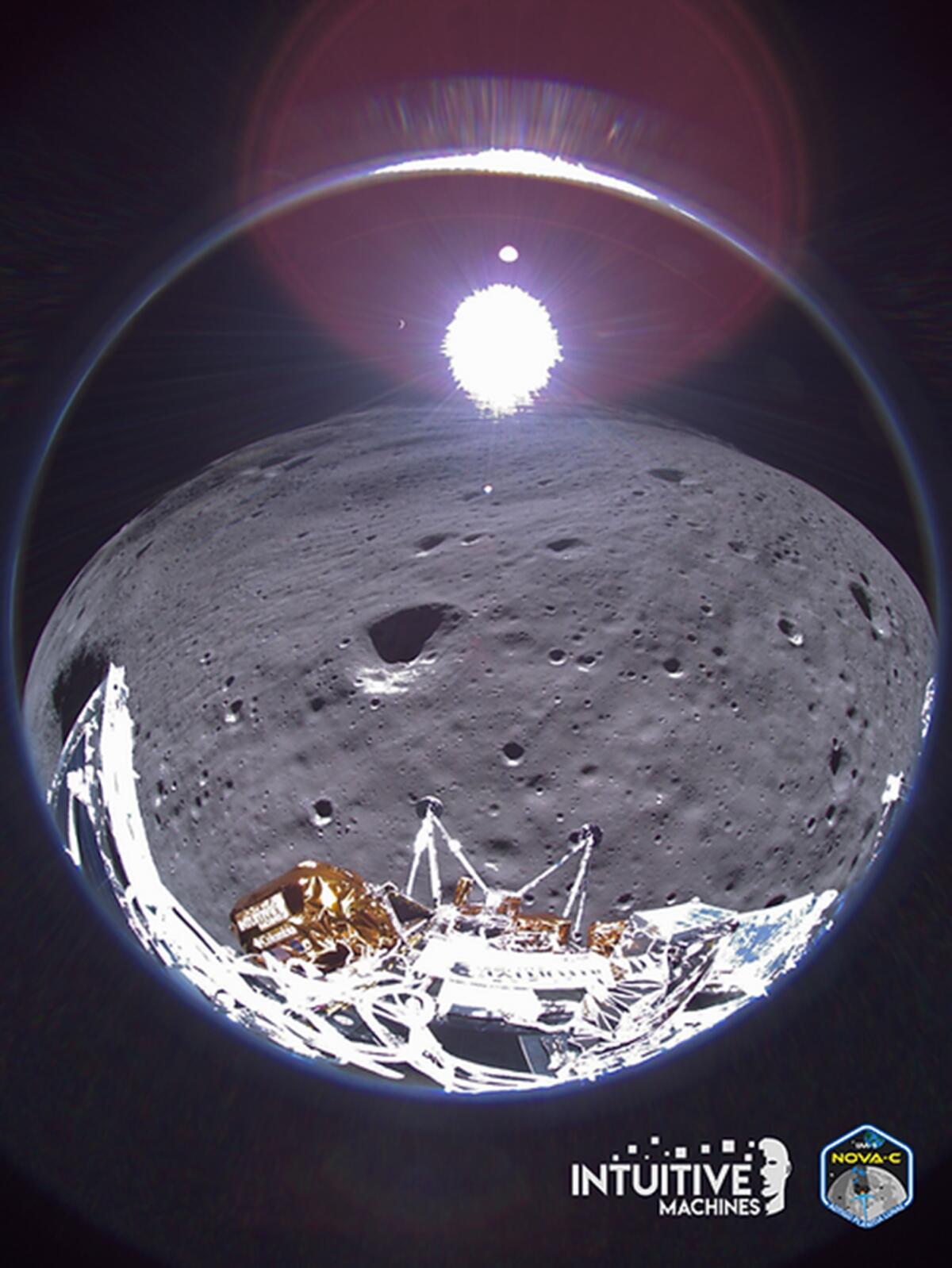 This image provided by Intuitive Machines shows a view from the Odysseus lunar lander made with a fisheye lens on Feb. 22, 2024. Before its power was depleted, Odysseus sent this photo in its farewell transmission, received on Thursday, Feb. 29. (Intuitive Machines via AP)