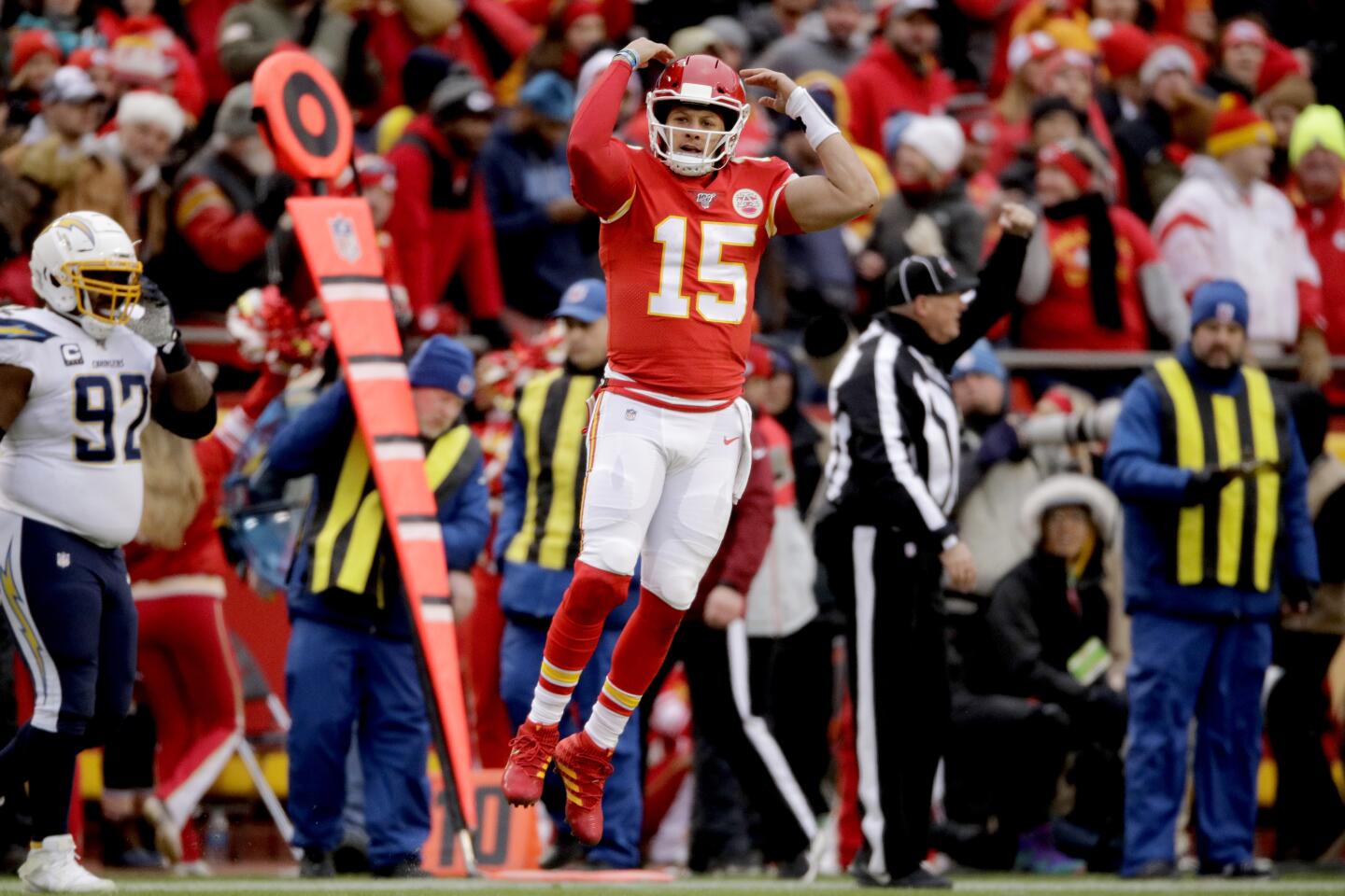 Chiefs quarterback Patrick Mahomes (15) reacts during the second half of a game against the Chargers on Dec. 29 at Arrowhead Stadium.