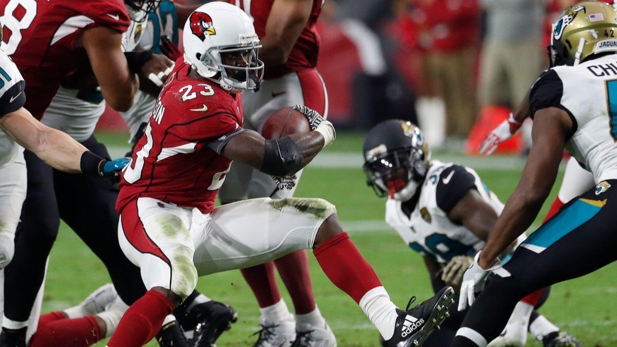 Arizona Cardinals running back Adrian Peterson (23) during the second half against the Jacksonville Jaguars on Sunday.