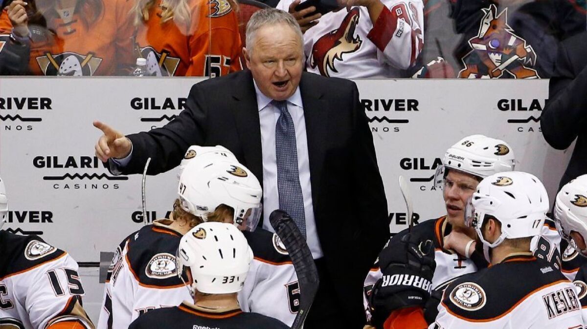 Ducks Coach Randy Carlyle gives instructions to his players during the third period of a game against the Arizona Coyotes on Jan. 14.