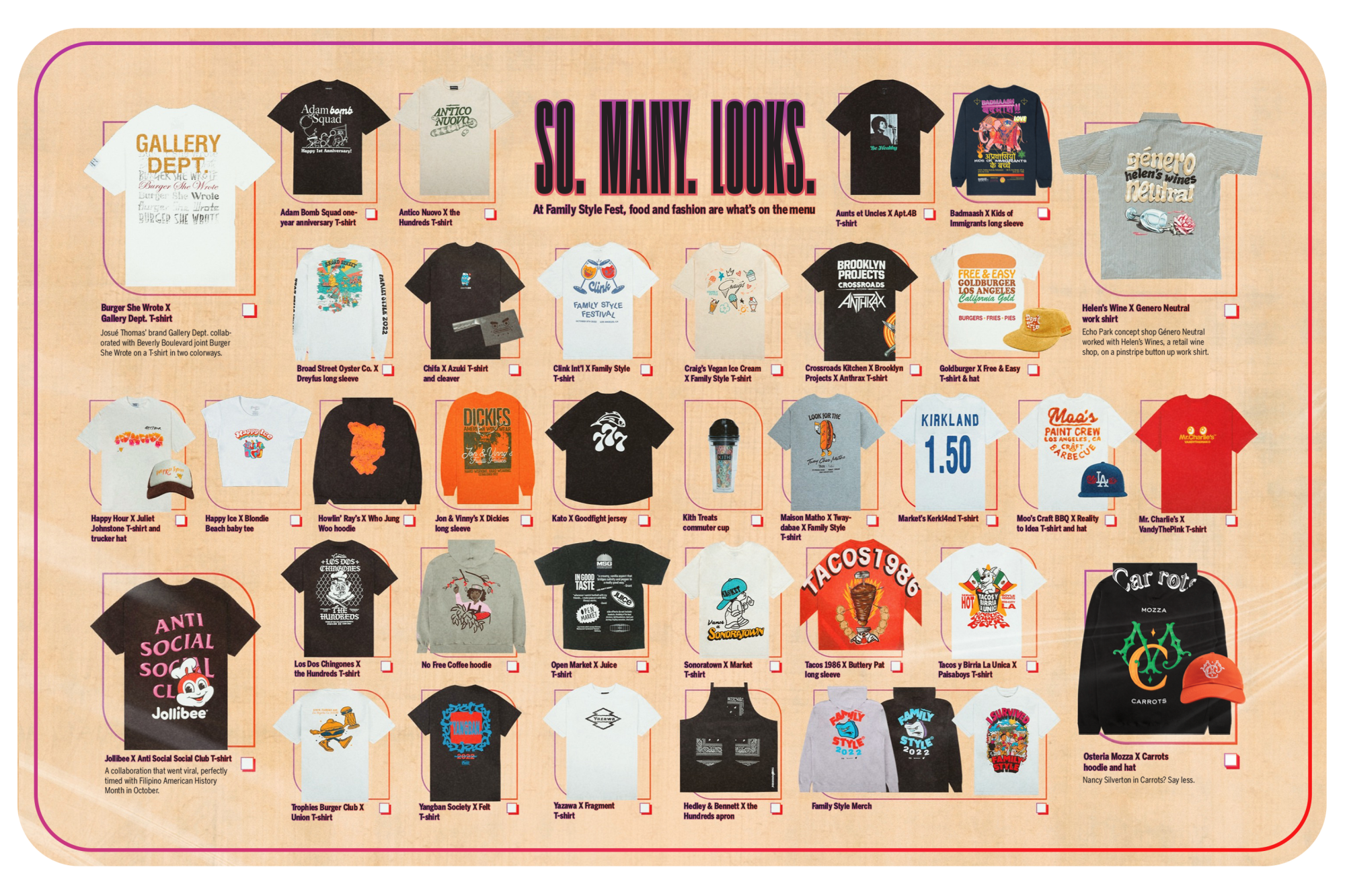 Family Style Fest lookbook in the style of a menu featuring many different merch items lined up in 5 rows