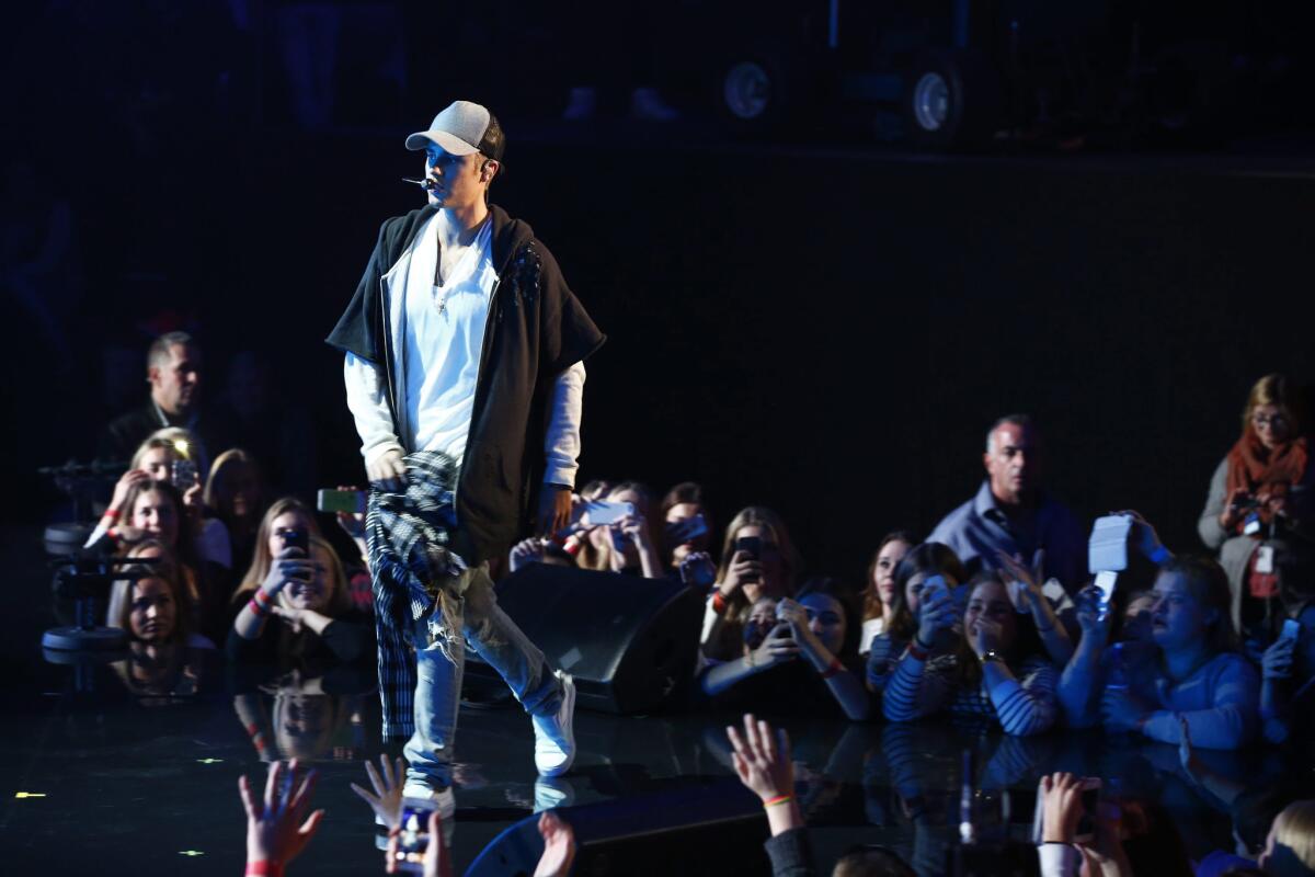 Canadian singer Justin Bieber is seen onstage during a mini concert in Oslo on Oct. 29, 2015.