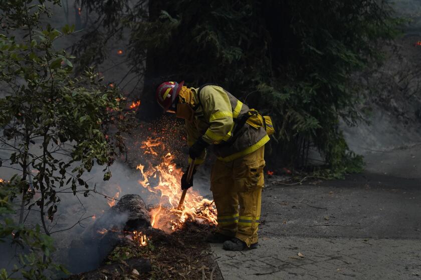 BEN LOMOND, CA - AUGUST 21: Firefighters work to contain a blaze during the CZU August Lightning Complex Fires on Friday, Aug. 21, 2020 in Ben Lomond, CA. The University of California at Santa Cruz campus and nearby towns have been under evacuation orders due to fires in the region. (Kent Nishimura / Los Angeles Times)