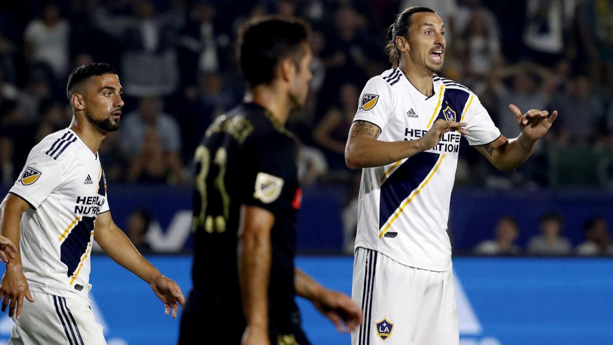 Galaxy forward Zlatan Ibrahimovic argues with an official.