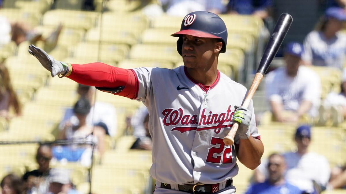 Nationals slugger Juan Soto in the batter's box during a game at Dodger Stadium.