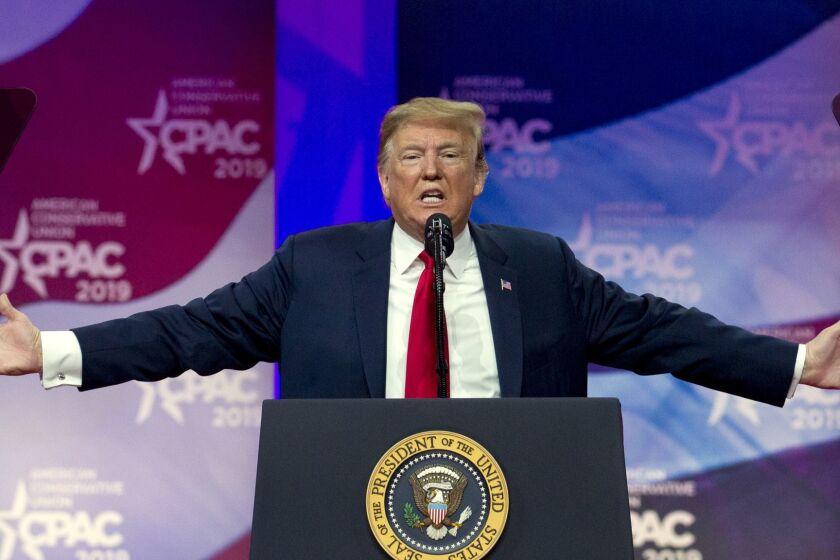 President Donald Trump speaks at Conservative Political Action Conference, CPAC 2019, in Oxon Hill, Md., Saturday, March 2, 2019. (AP Photo/Jose Luis Magana)