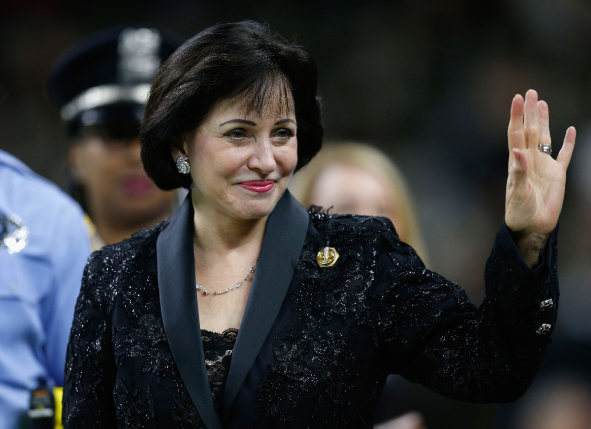 New Orleans Saints owner Gayle Benson waves to the crowd before a game.