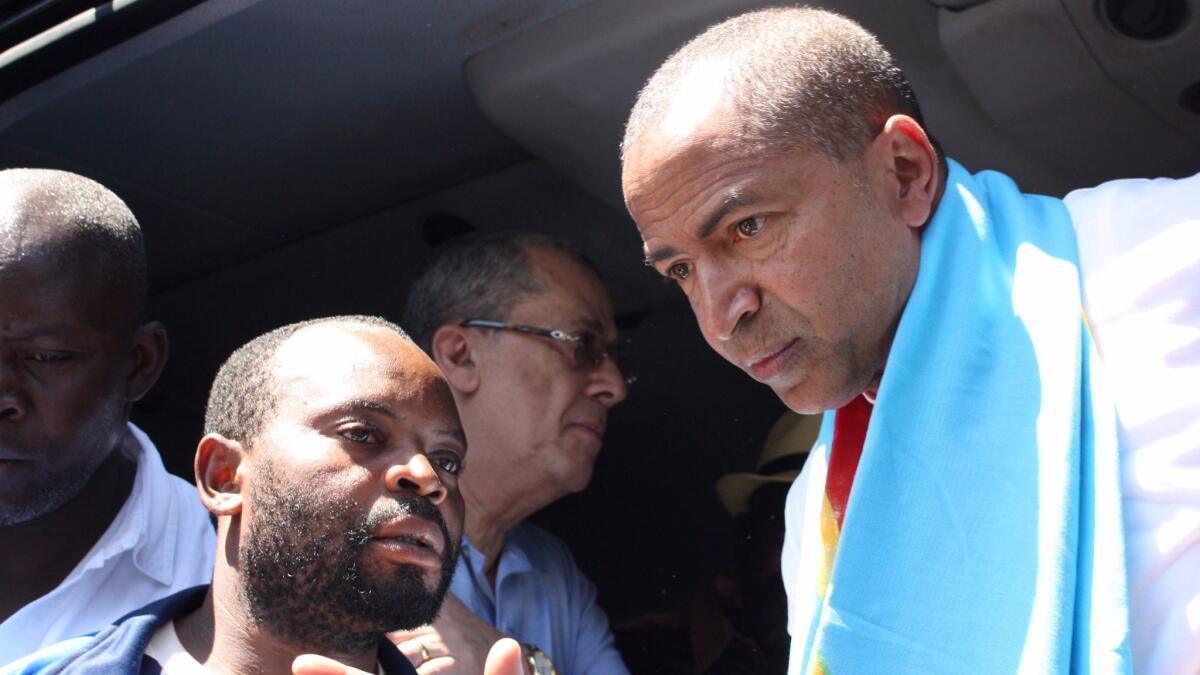 Opposition figure Moise Katumbi arrives at a courthouse in Lubumbashi, Democratic Republic of Congo, in May last year, accused of hiring foreign mercenaries to topple the government. (Fiston Mahamba / AFP/Getty Images)