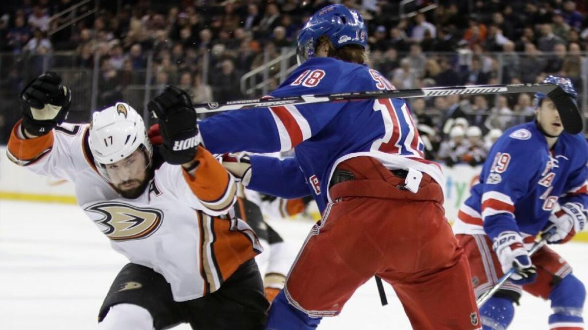 Ducks center Ryan Kesler evades Rangers defenseman Marc Staal during the first period of a game in New York on Feb. 7.
