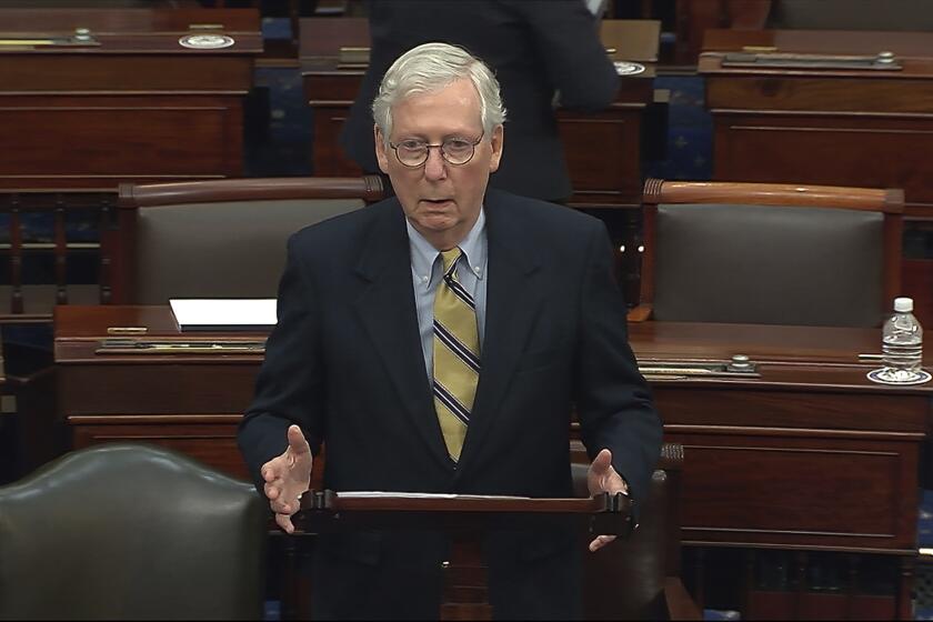 In this image from video, Senate Minority Leader Mitch McConnell of Ky., speaks after the Senate acquitted former President Donald Trump in his second impeachment trial in the Senate at the U.S. Capitol in Washington, Saturday, Feb. 13, 2021. Trump was accused of inciting the Jan. 6 attack on the U.S. Capitol, and the acquittal gives him a historic second victory in the court of impeachment. (Senate Television via AP)