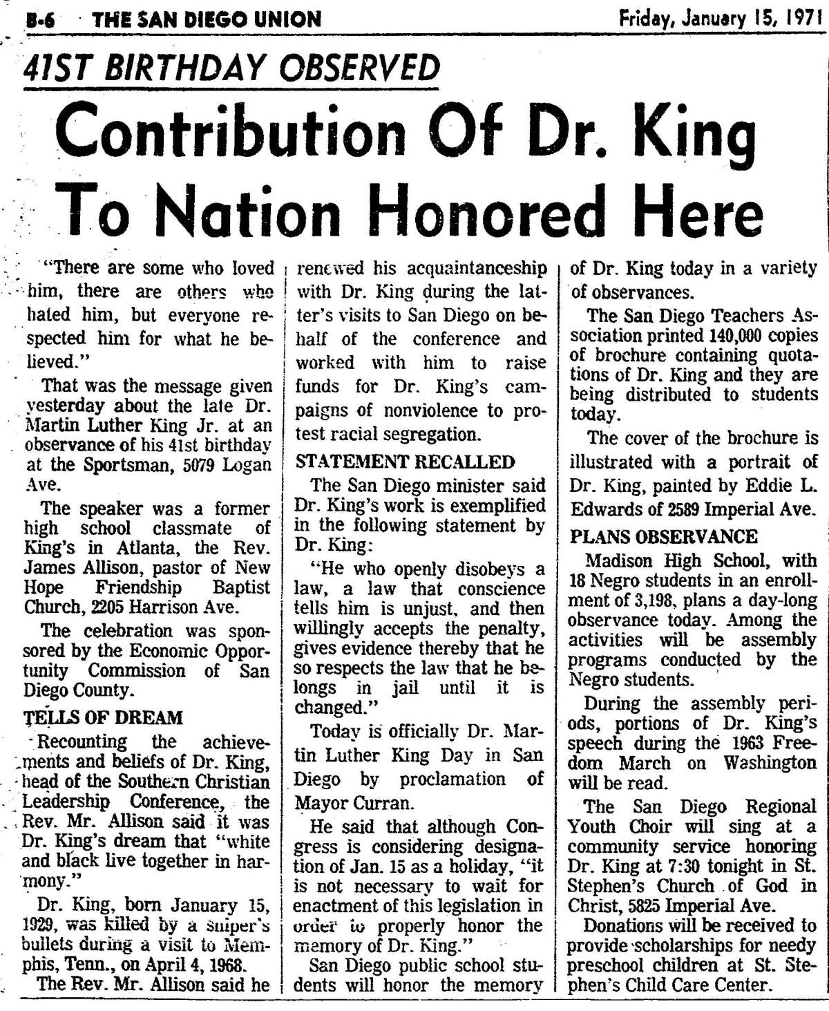 Jan. 15, 1971 Union newspaper article