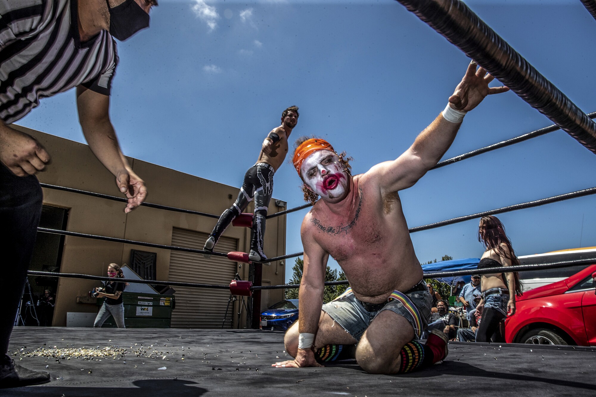 Dirty Ron McDonald, right, and Guy Cool wrestle during a FIST Combat event.