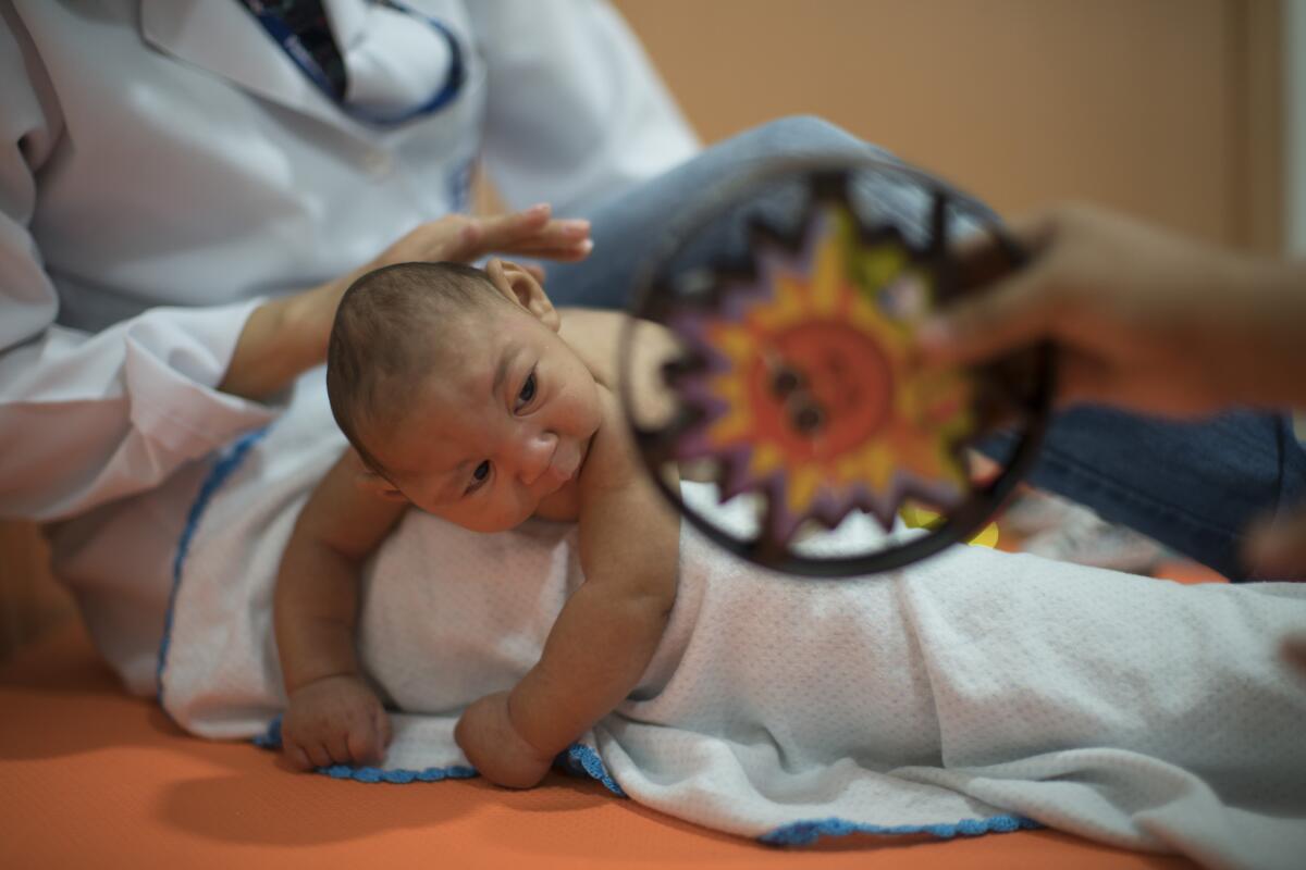En esta imagen de archivo Daniel, de tres meses y que nació con microcefalia, recibe terapia física en la fundación Altino Ventura en Recife, Brasil. (AP Foto/Felipe Dana, Archivo)