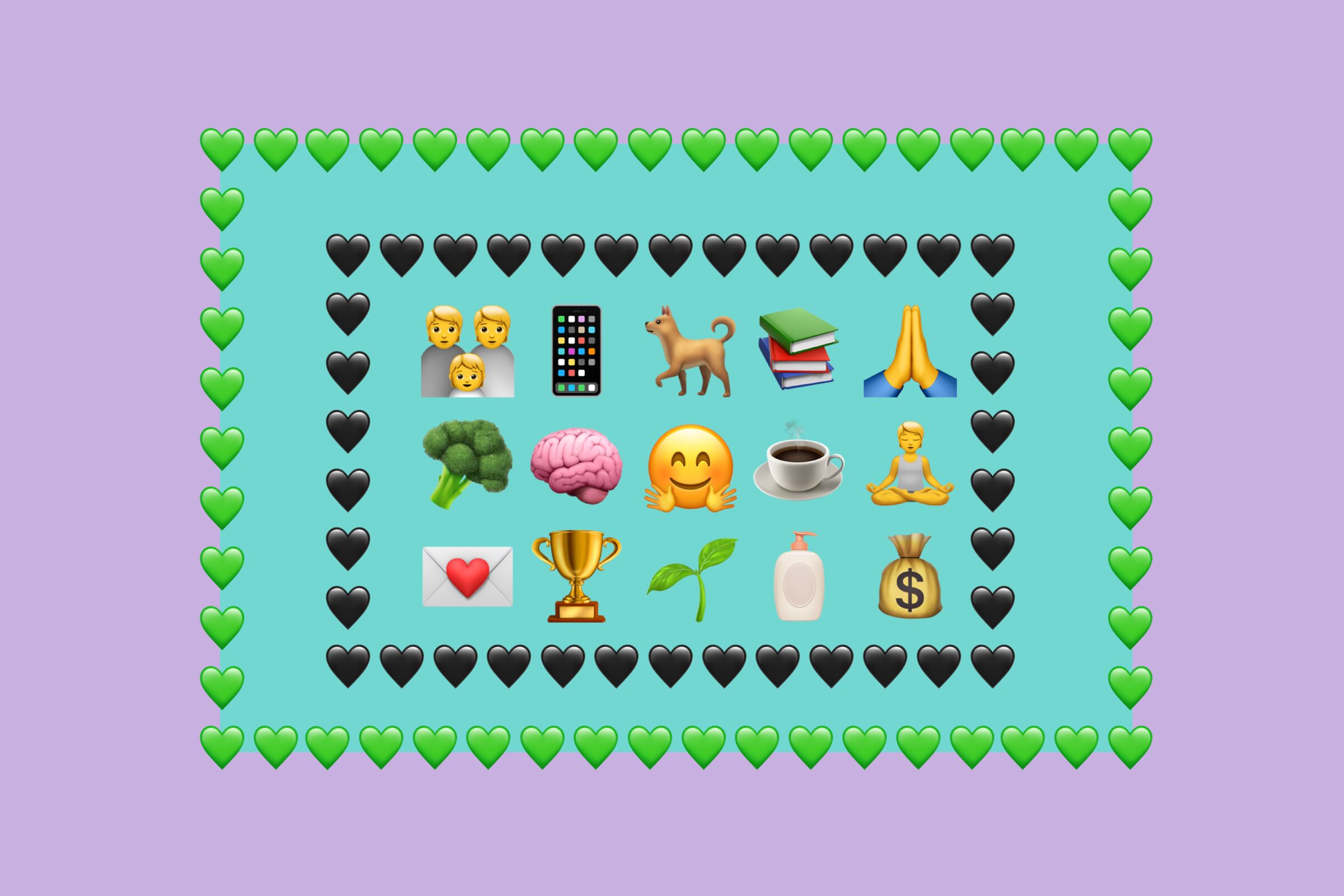 Heart emojis surrounding broccoli, brain, coffee, trophy and other emoji.