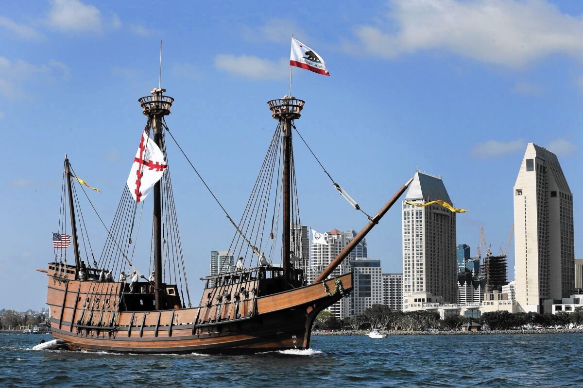 Juan Rodriguez Cabrillo is the explorer credited with discovering San Diego Bay in 1542; pictured is a replica of his ship sailing along San Diego's waterfront.
