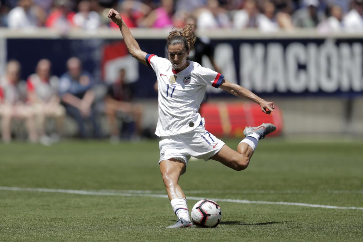 U.S. forward Tobin Heath scores a goal against Mexico during an international friendly match on May 26.