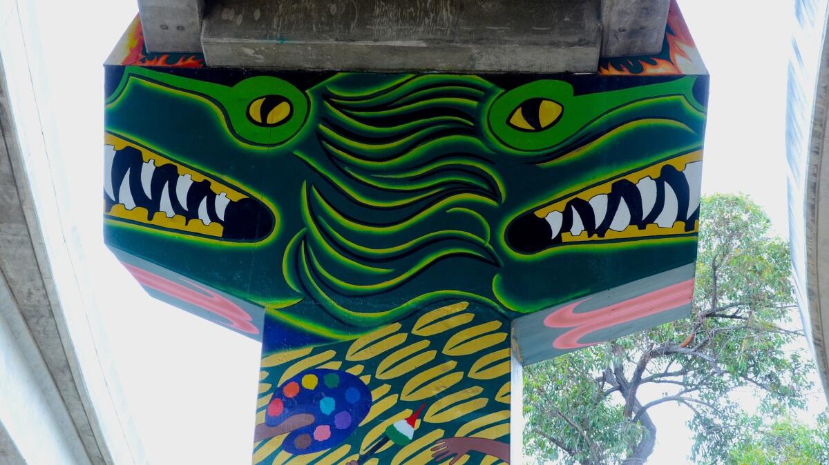 A two-headed dragon mural at Chicano park. Credit: Christopher Reynolds / Los Angeles Times