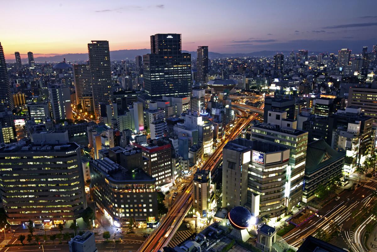The skyline of Osaka, Japan, as night falls. Japan Airlines is offering nonstop service from LAX to Osaka, beginning March 20.