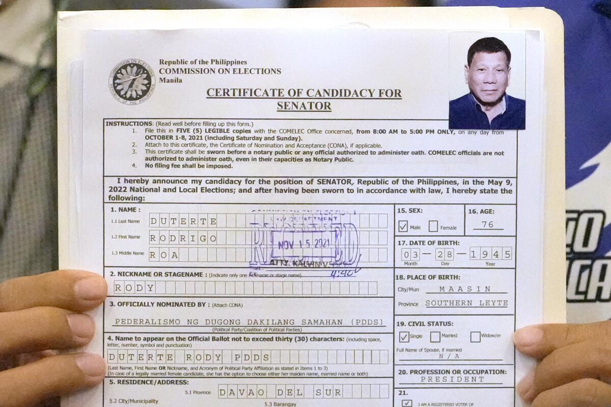 Philippine President Rodrigo Duterte's candidacy papers for the Senate
