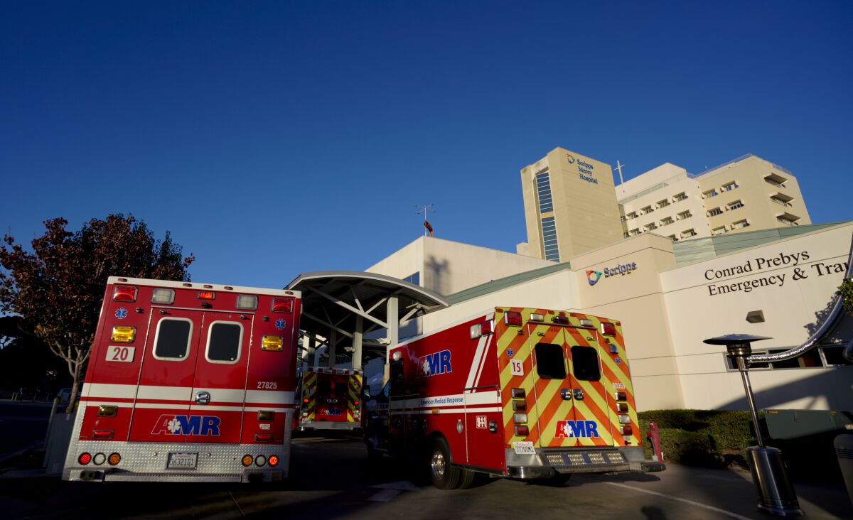 Ambulances parked outside Scripps Mercy Hospital in San Diego