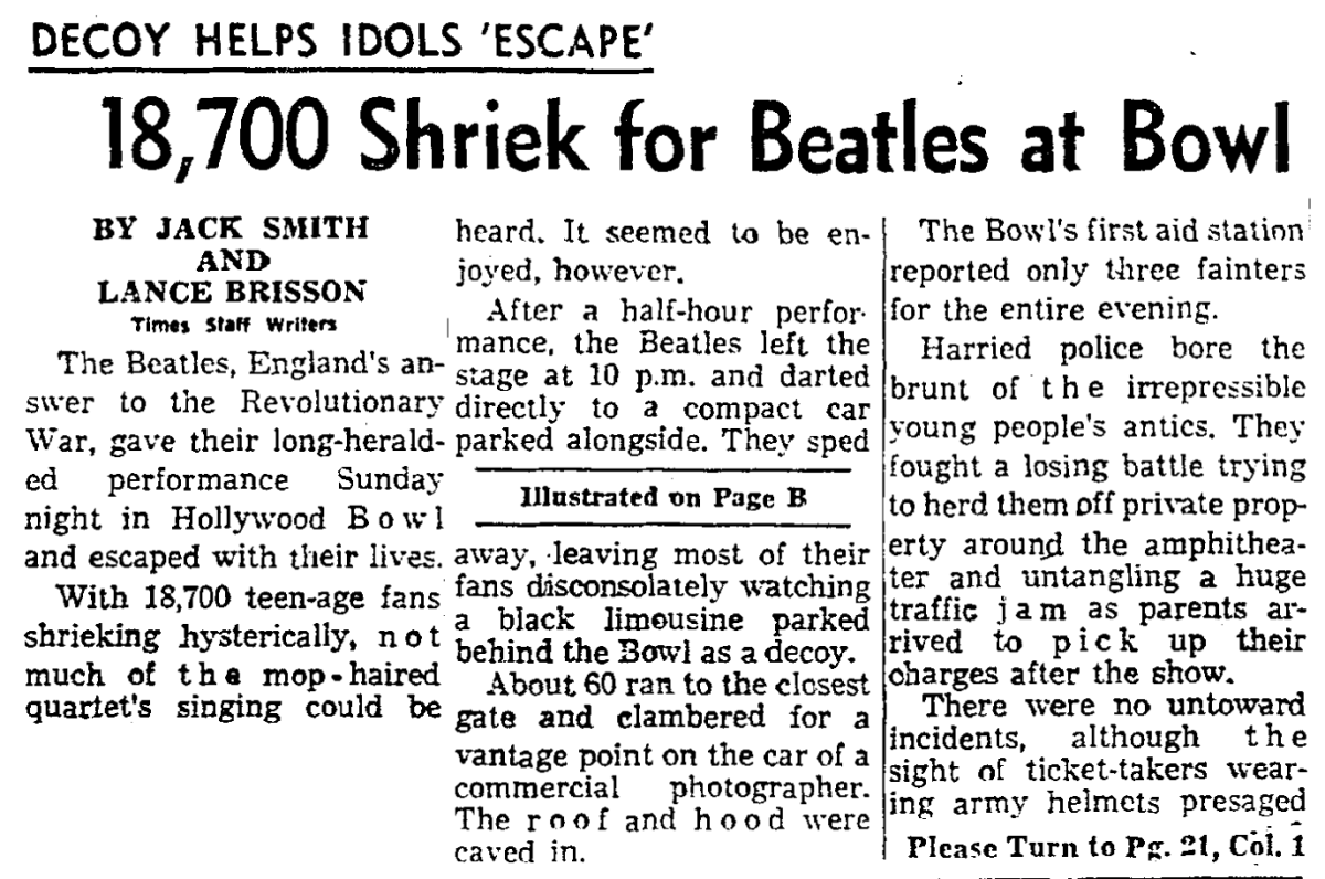 August 24, 1964: Decoy helps idols 'escape': 18,700 shriek for Beatles at Bowl