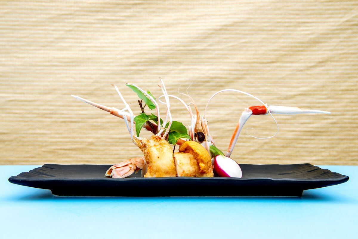 Langoustine fry topped with Santa Barbara uni from Shunji.
