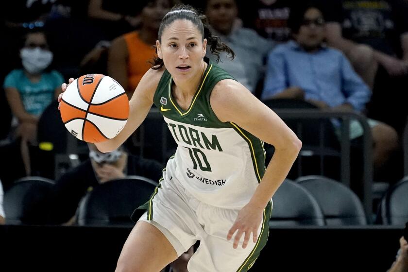 FILE - Seattle Storm guard Sue Bird (10) plays during the first half of the Commissioner's Cup WNBA basketball game.