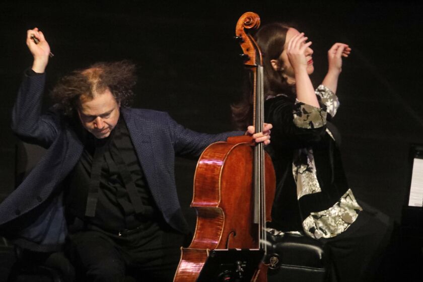BEVERLY HILLS, CA - JANUARY 9, 2020 - Cellist Matt Haimovitz and pianist Simone Dinnerstein hit the final notes of Ludwig Van Beethoven’s Sonata Op. 102 No. 2 in a program that combines Beethoven and Philip Glass at the Wallis in Beverly Hills on January 9, 2020. (Genaro Molina / Los Angeles Times)