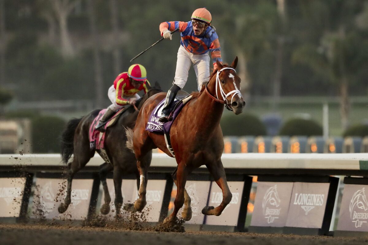 Irad Ortiz Jr. celebrates after riding Vino Rosso to victory in the Breeders' Cup Classic horse race at Santa Anita Park, Saturday, Nov. 2, 2019, in Arcadia, Calif. (AP Photo/Gregory Bull)