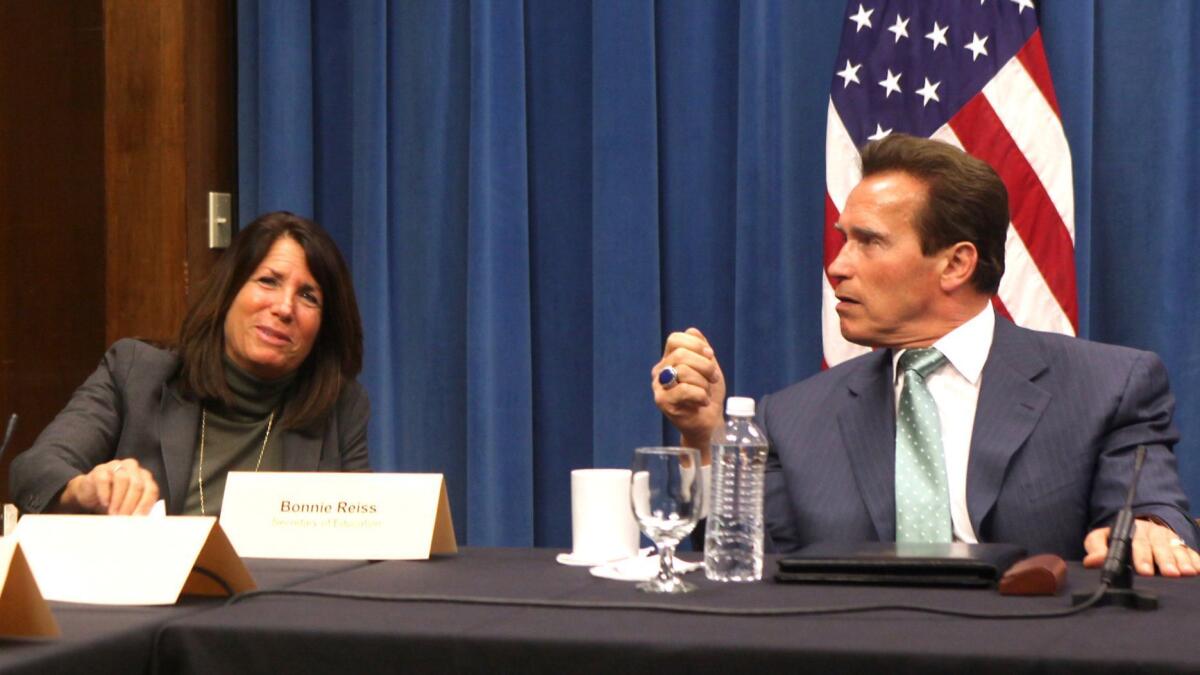 Former Gov. Arnold Schwarzenegger and his Education secretary, Bonnie Reiss, in Sacramento on March 3, 2010.