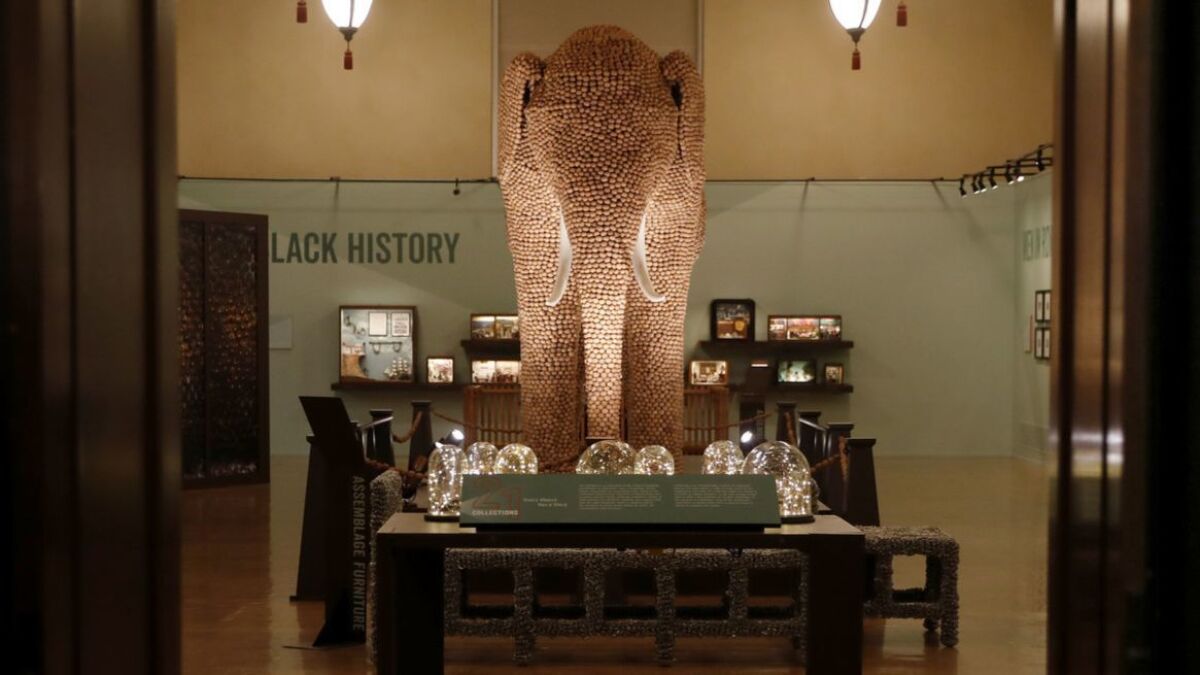 Walnut Elephant, a replica of the Los Angeles Chamber of Commerce's 1893 Chicago World's Fair exhibit, on display at the "21 Collections: Every Object Has a Story" exhibit in the Getty Gallery at the Central Library in Los Angeles.
