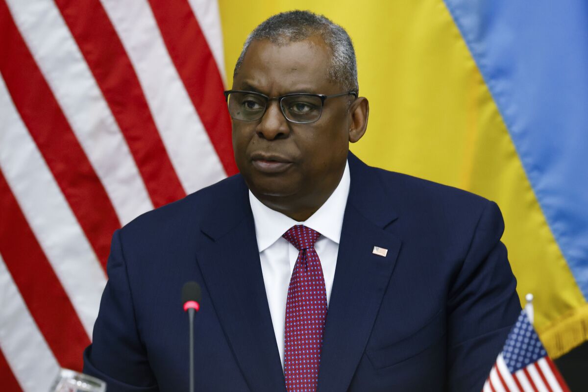 U.S. Defense Secretary Lloyd Austin attends the Ukraine Defense Contact group meeting ahead of a NATO defense ministers' meeting at NATO headquarters in Brussels, Wednesday, June 15, 2022. NATO defense ministers, attending a two-day meeting starting Wednesday, will discuss beefing up weapons supplies to Ukraine, and Sweden and Finland's applications to join the transatlantic military alliance. (Yves Herman, Pool Photo via AP)