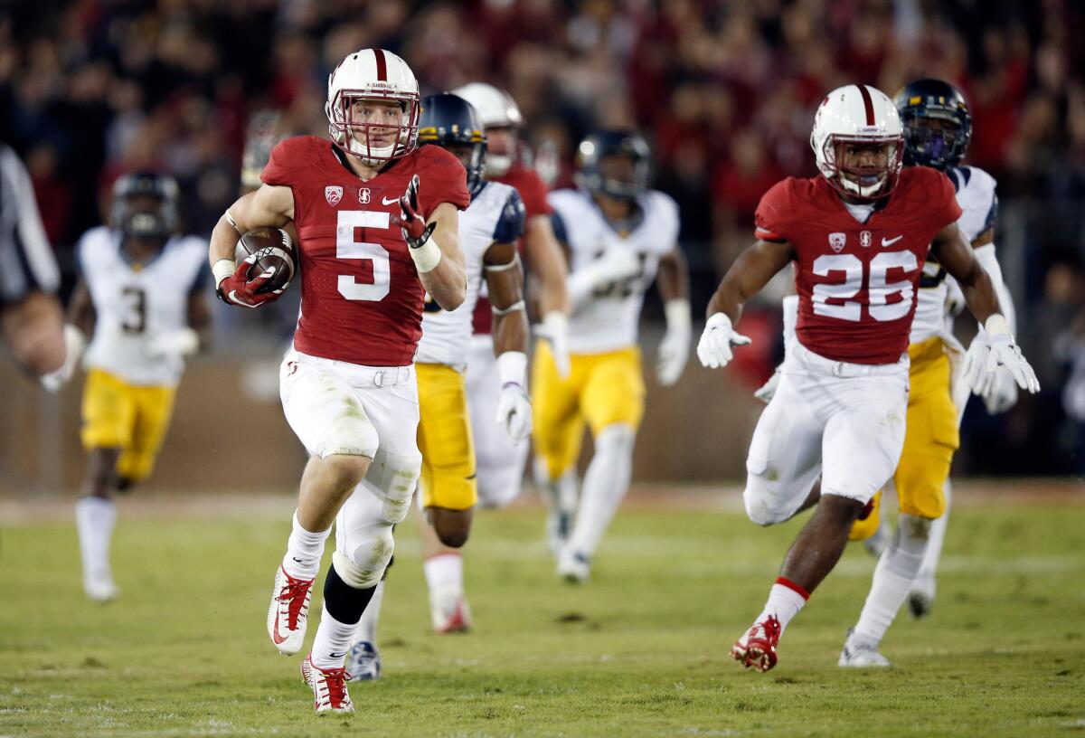 Stanford running back Christian McCaffrey returns a kickoff 96 yards for a touchdown against California.