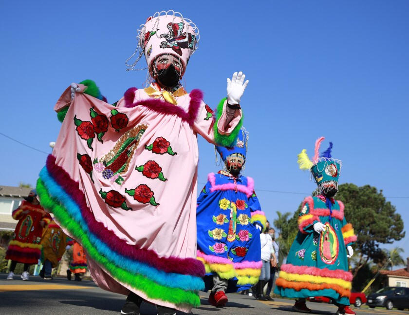 Chinelos dancers from St. Mary Catholic Church in Escondido perform in the Our Lady of Guadalupe procession on Sunday.