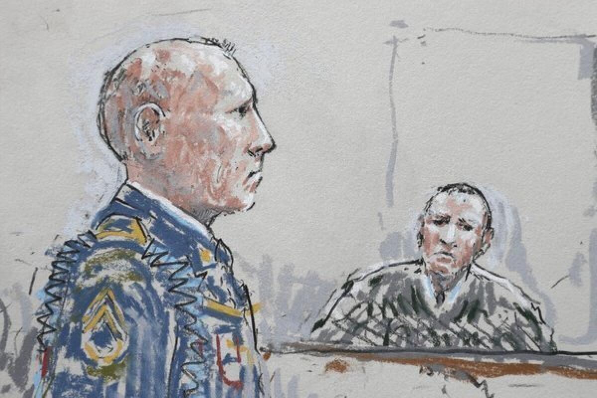 In this detail from a courtroom sketch, U.S. Army Staff Sgt. Robert Bales, left, stands before military judge Col. Jeffery Nance during a plea hearing in a military courtroom at Joint Base Lewis-McChord in Washington state. Bales pleaded guilty to killing villagers in Afghanistan.