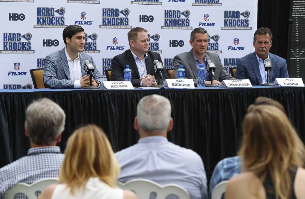 The Los Angeles Rams, HBO Sports and NFL Films discuss "Hard Knocks: Training Camp with the Los Angeles Rams," during a news conference in Oxnard.