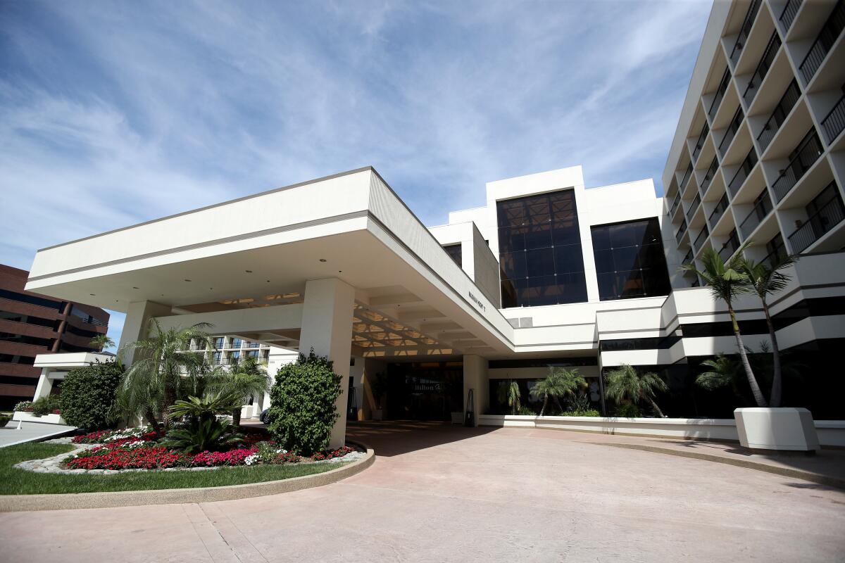 Areas of the Hilton Orange County in Costa Mesa are closed off due to reduced occupancy and the coronavirus pandemic.