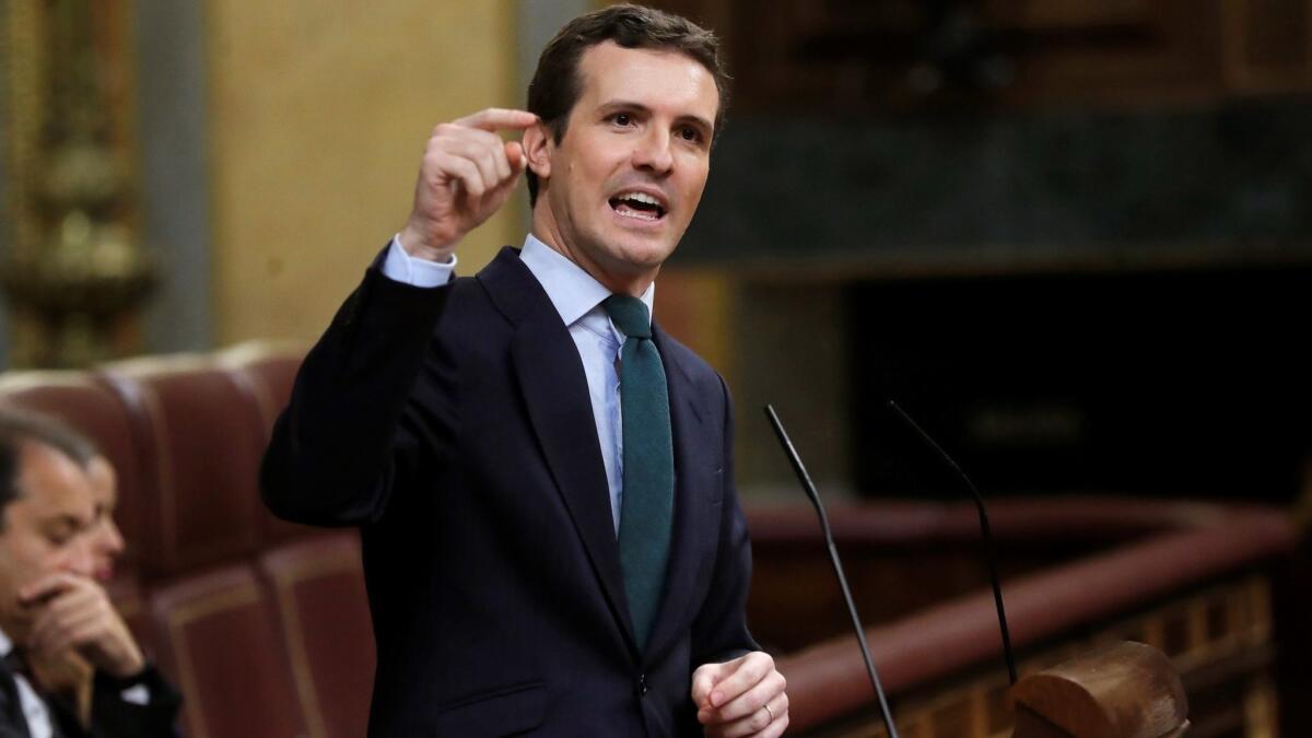 Spanish opposition leader Pablo Casado speaks in the lower house of parliament in Madrid on Tuesday.