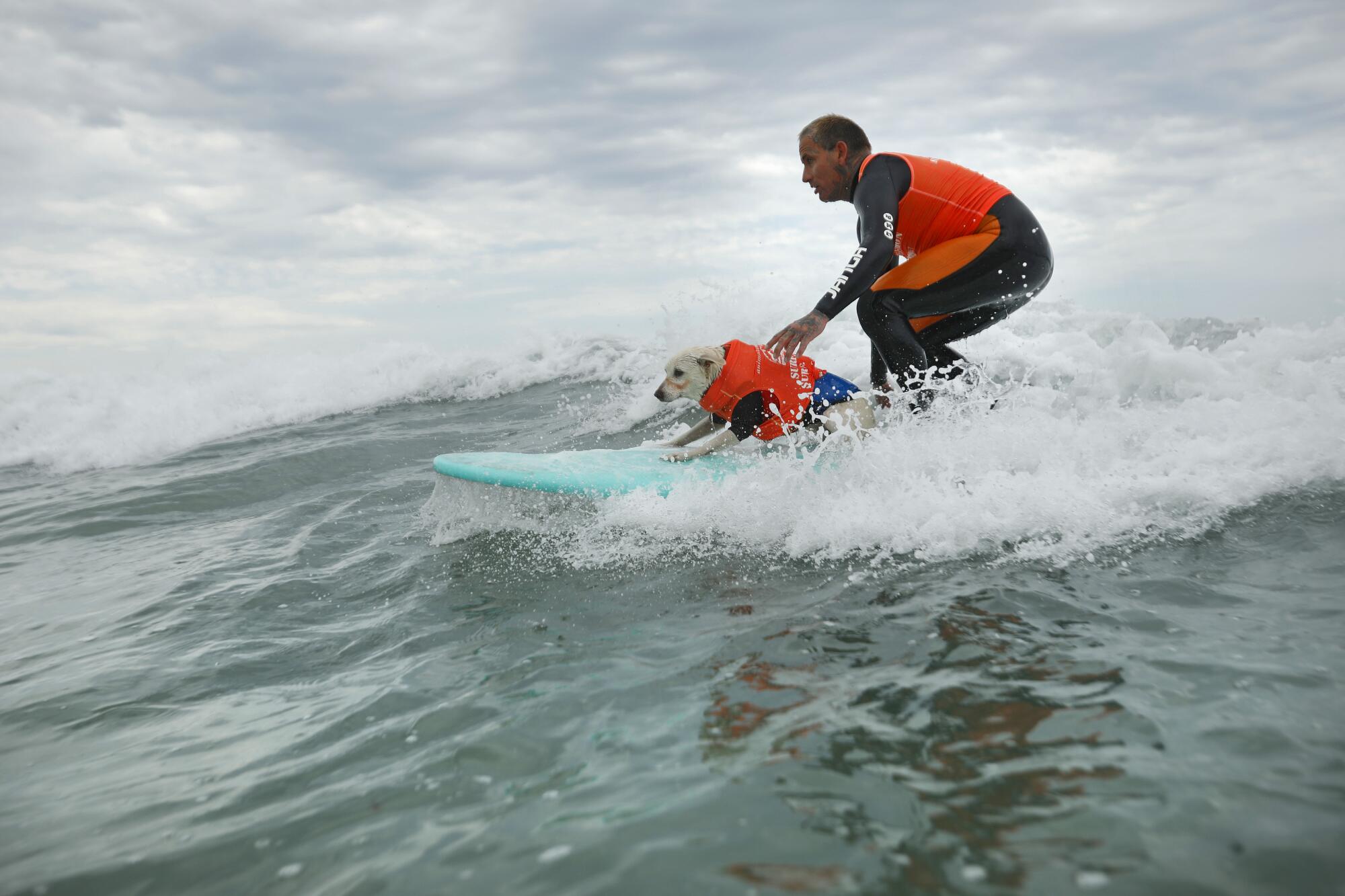 Ryan Rustan and Sugar surf in the peeps and pups division.