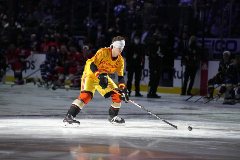 Trevor Zegras of the Ducks takes part in the All-Star skills competition on Feb. 4, 2022.