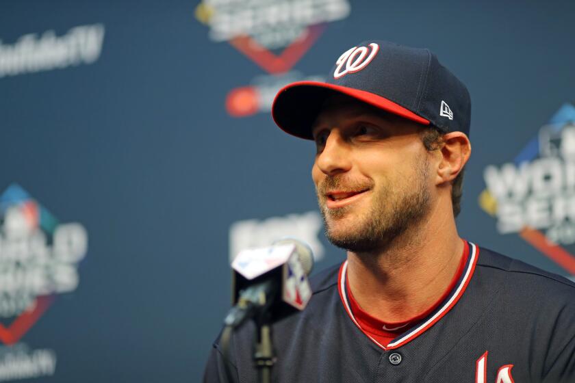 HOUSTON, TX - OCTOBER 21: Max Scherzer #31 of the Washinton Nationals talks to the media during the World Series Workout Day at Minute Maid Park on Monday, October 21, 2019 in Houston, Texas. (Photo by Alex Trautwig/MLB Photos via Getty Images)